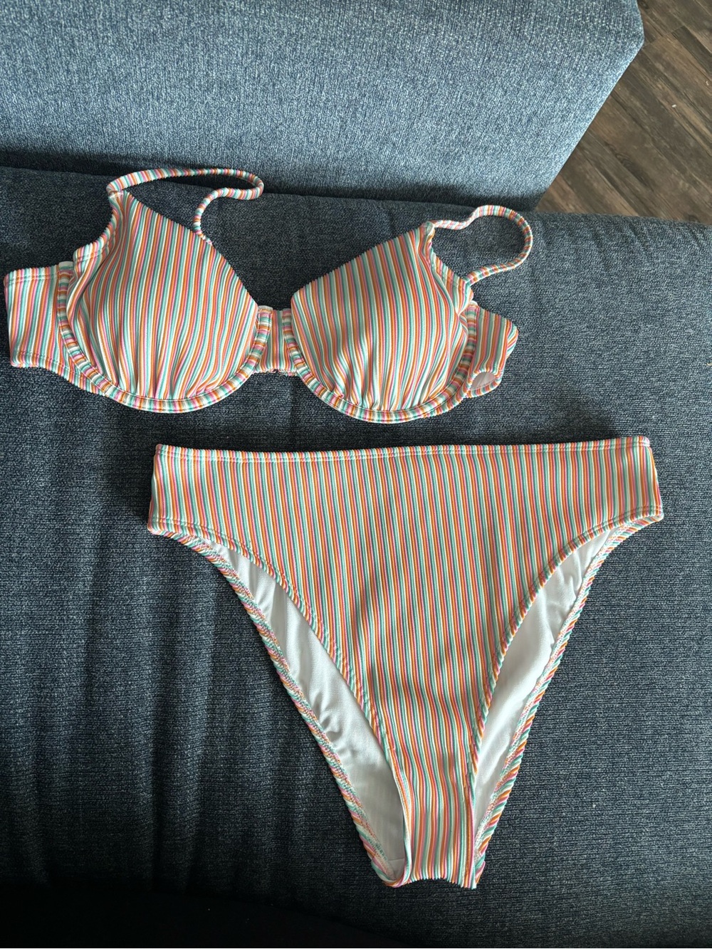 Striped Two-Piece Bikini Set in Coral, Teal & White PLEASE READ DESCRIPTION
